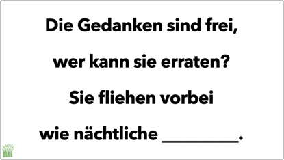 Lückentext: Die Gedanken sind frei, wer kann sie erraten? Sie fliehen vorbei wie nächtliche___?