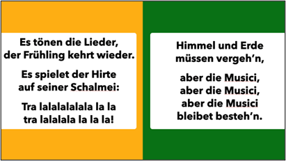 Zwei Liedtexte: auf gelbem Hintergrund 