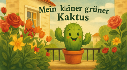 Grafik mit Kaktus, der ein lächelndes Gesicht hat und auf einem Balkon vor einem Haus steht.