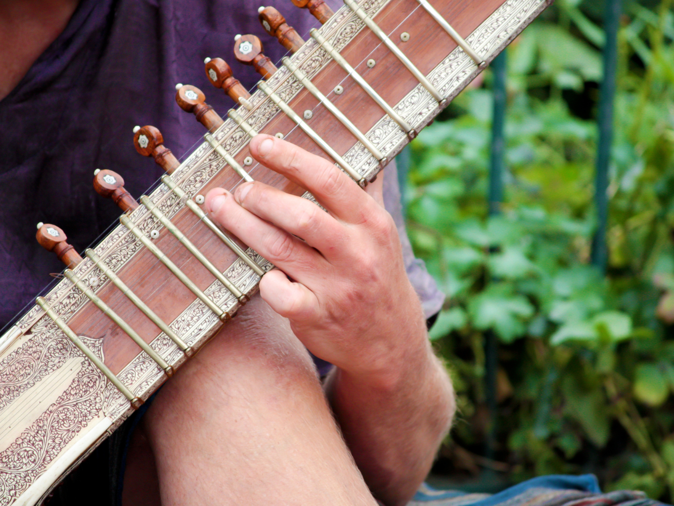 Nahaunahme einer Person, die die Saiten einer Sitar spielt. 